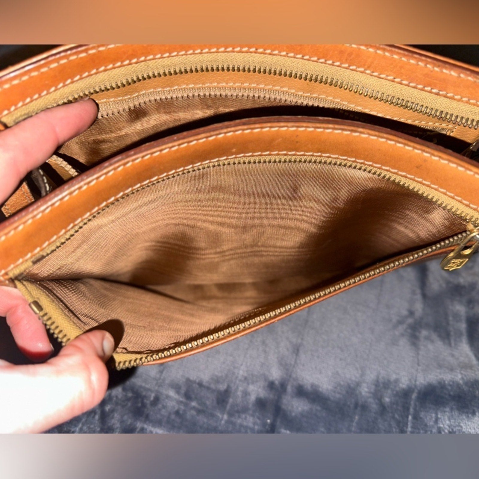 Celine Brown Clutch with Textured Fabric and Gold Zipper
