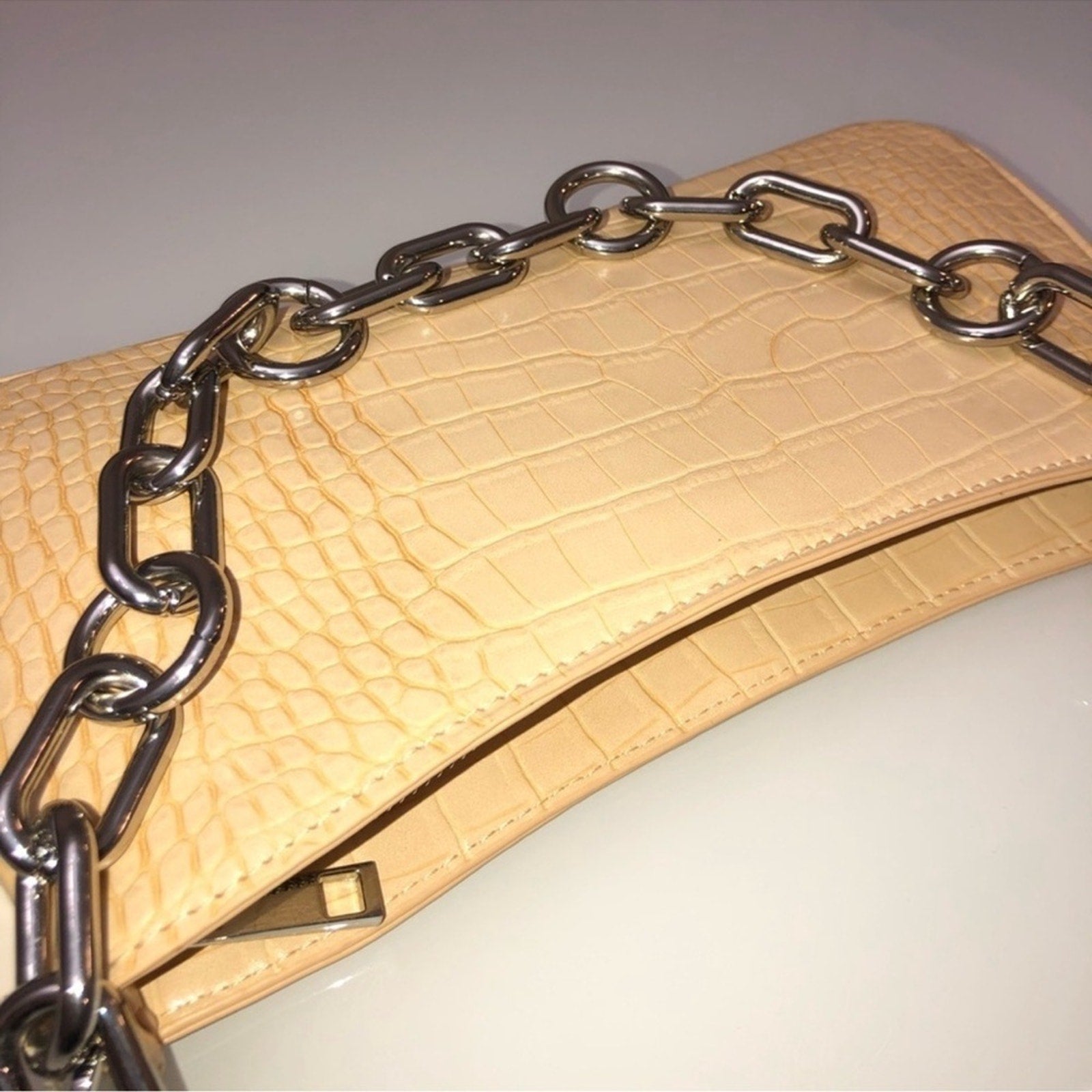 Croc-Embossed Tan Shoulder Bag