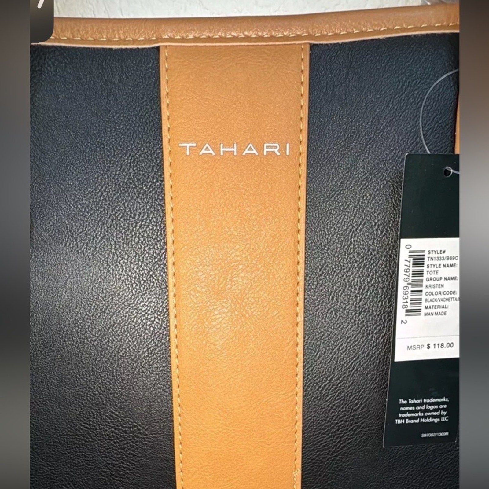 Tahari Kristen Black with Vachetta Trim Zip Closure Large Tote Bag Purse NWT
