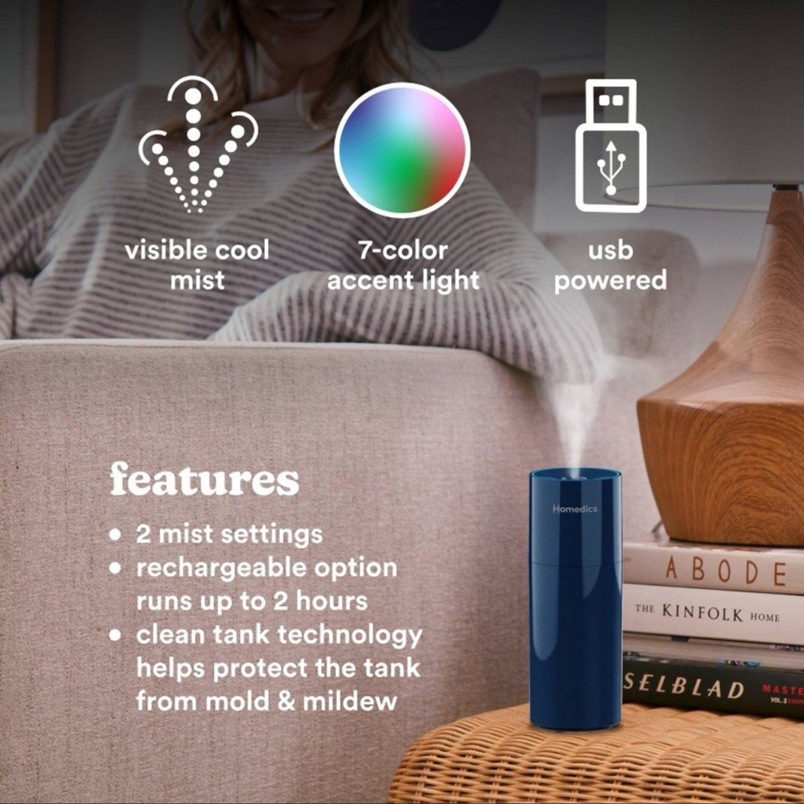 HoMedics Portable Ultrasonic Humidifier Travel Personal Cool Mist 4 Small Rooms