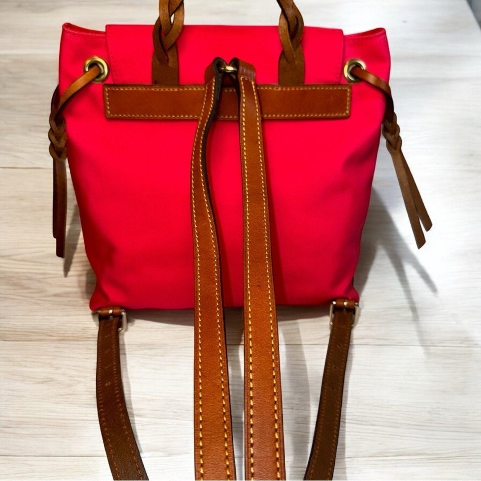 Dooney & Bourke Nylon Braided Leather Flap Backpack Red EUC MSRP $278