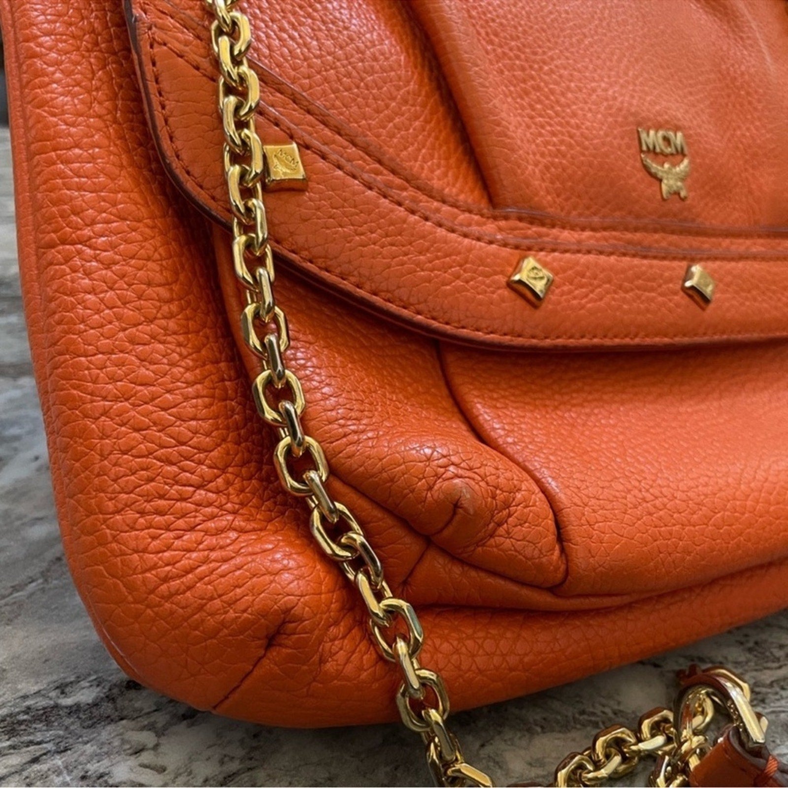 Authentic Vintage, MCM Orange, Leather, 2-Way, with Gold Chain Shoulder or Cross Body Convertible Strap Purse
