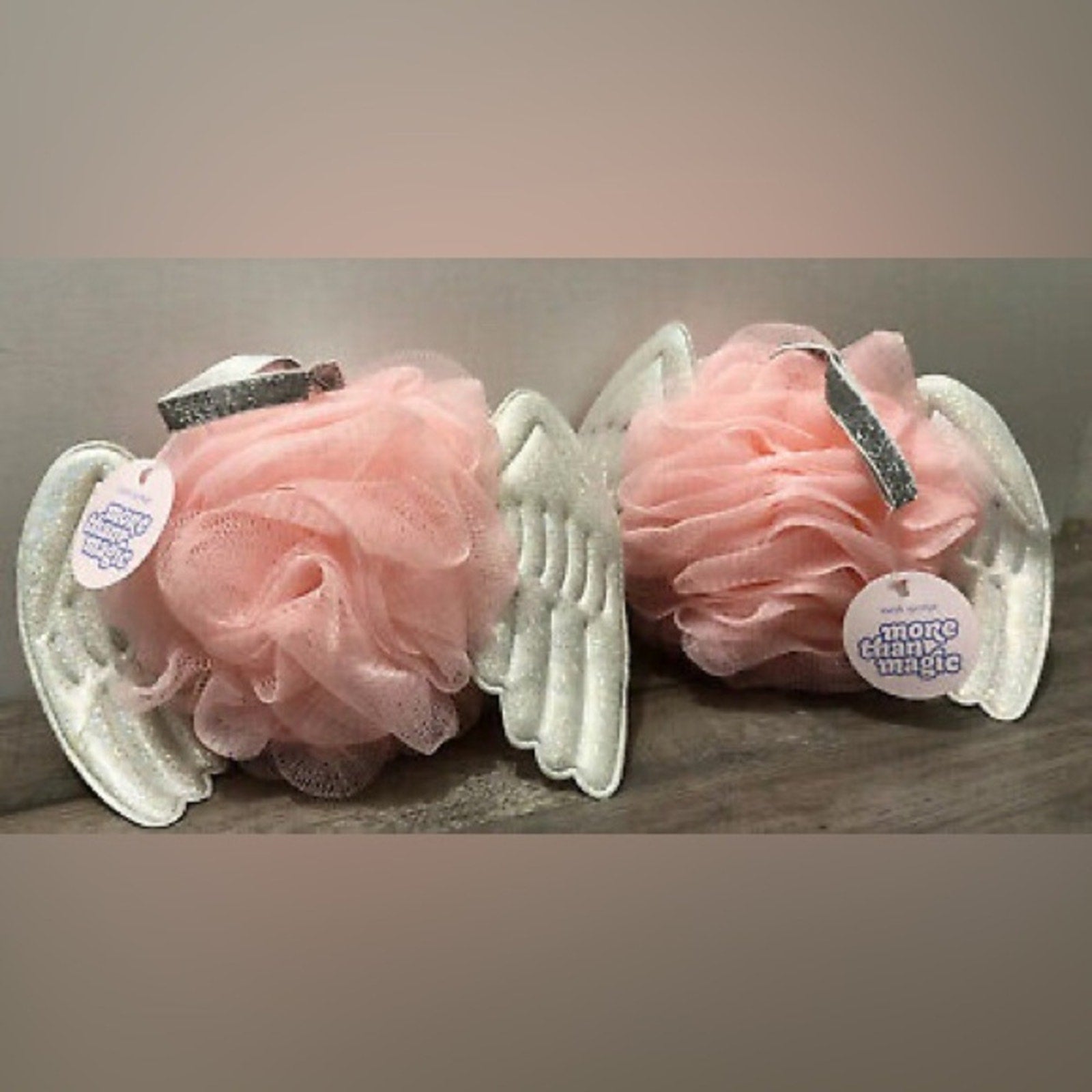 See of 2_More Than Magic_Pink and White Angel Wing Bath Pouf Set