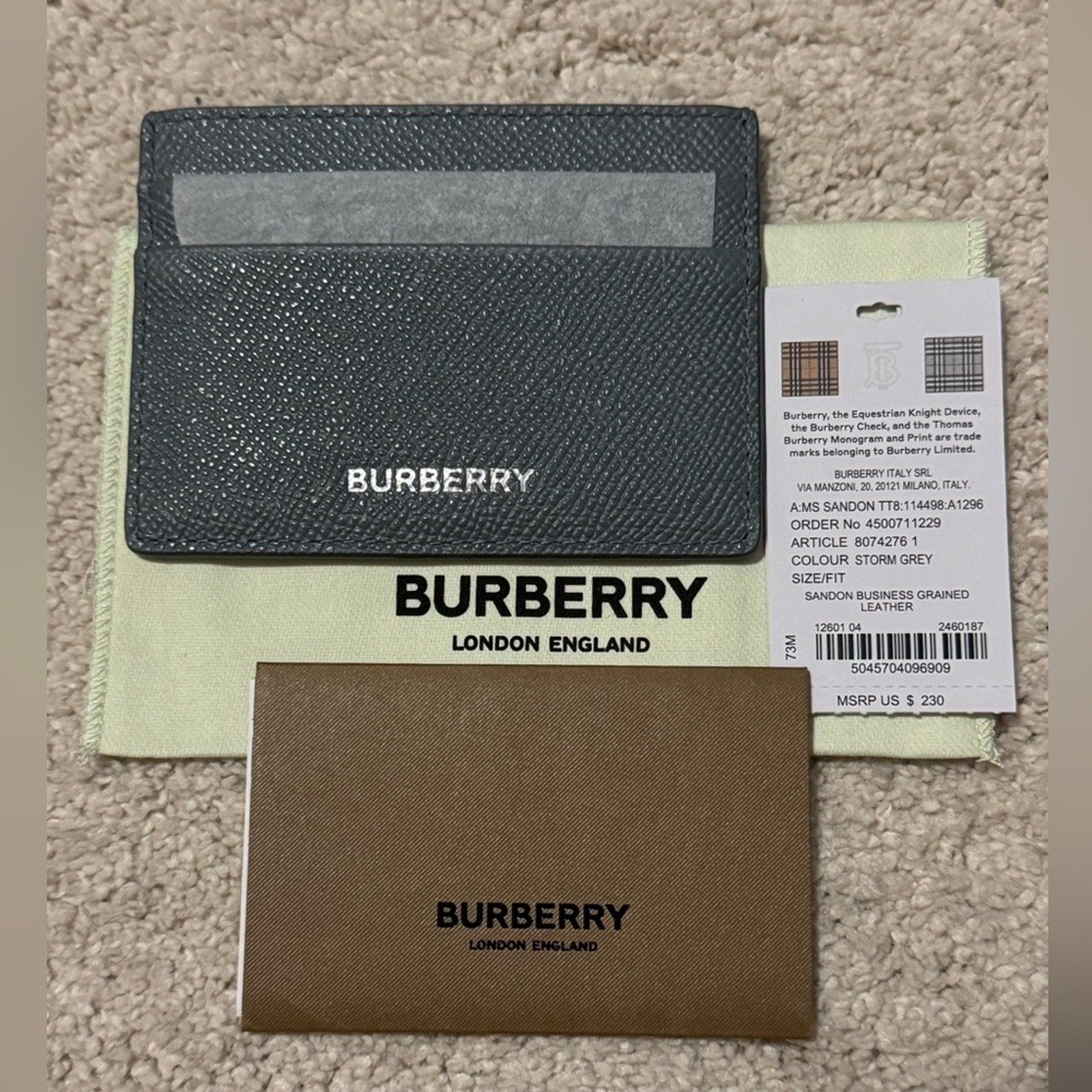 Burberry Sandon Card Case Wallet Embossed Logo Leather Storm Grey *NWT*