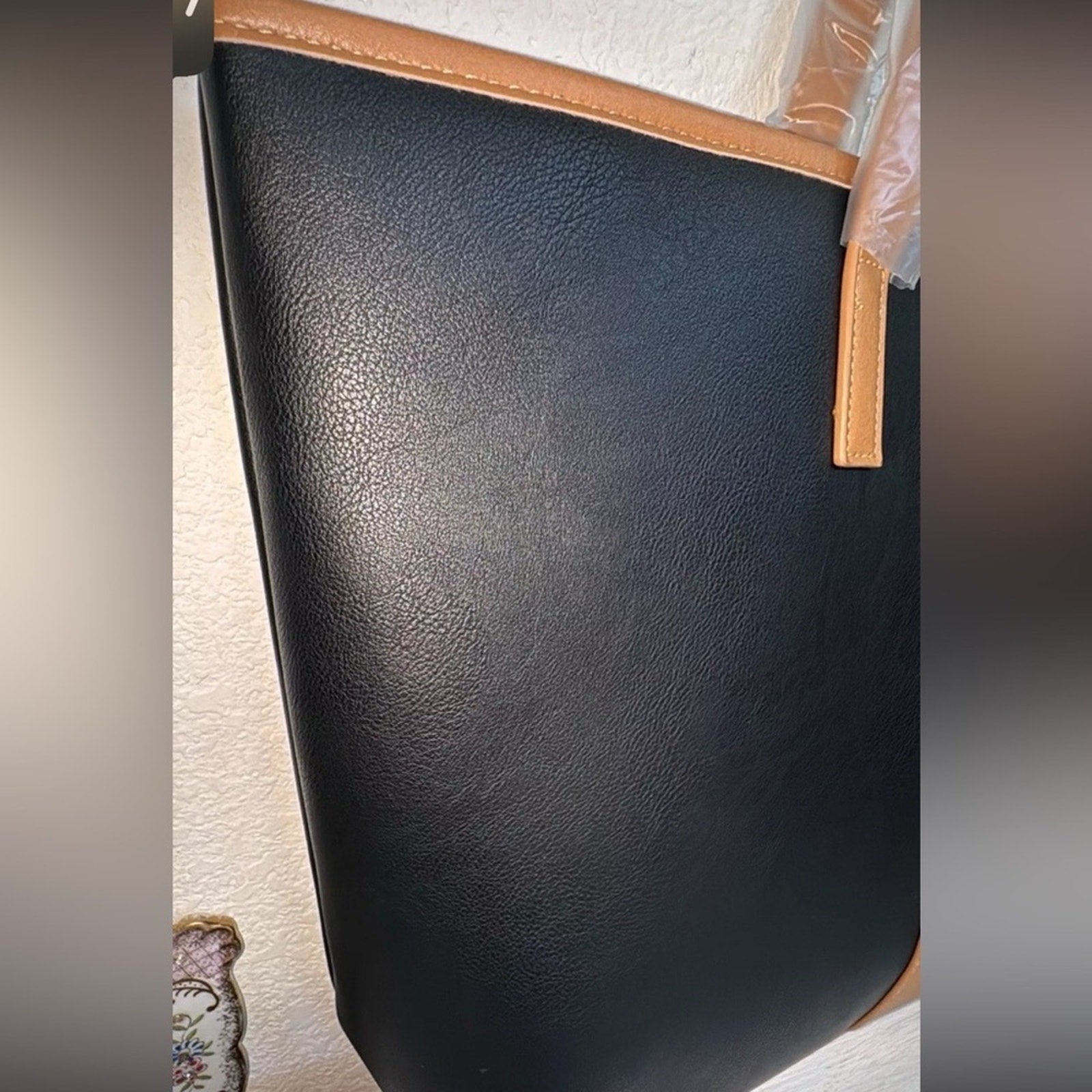 Tahari Kristen Black with Vachetta Trim Zip Closure Large Tote Bag Purse NWT