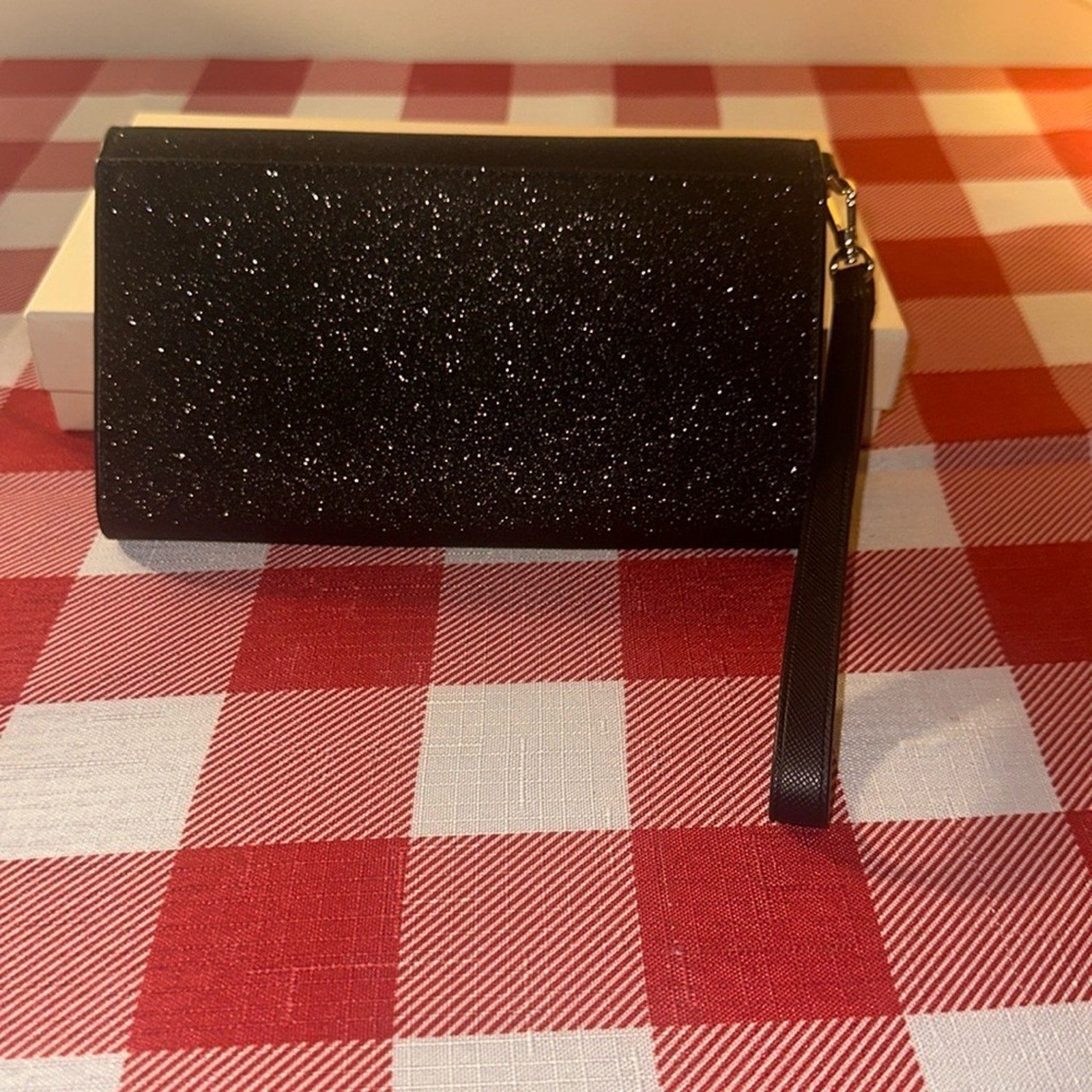 New Kate Spade Glimmer Boxed Medium Flap Phone Wristlet Wallet Black NWOT