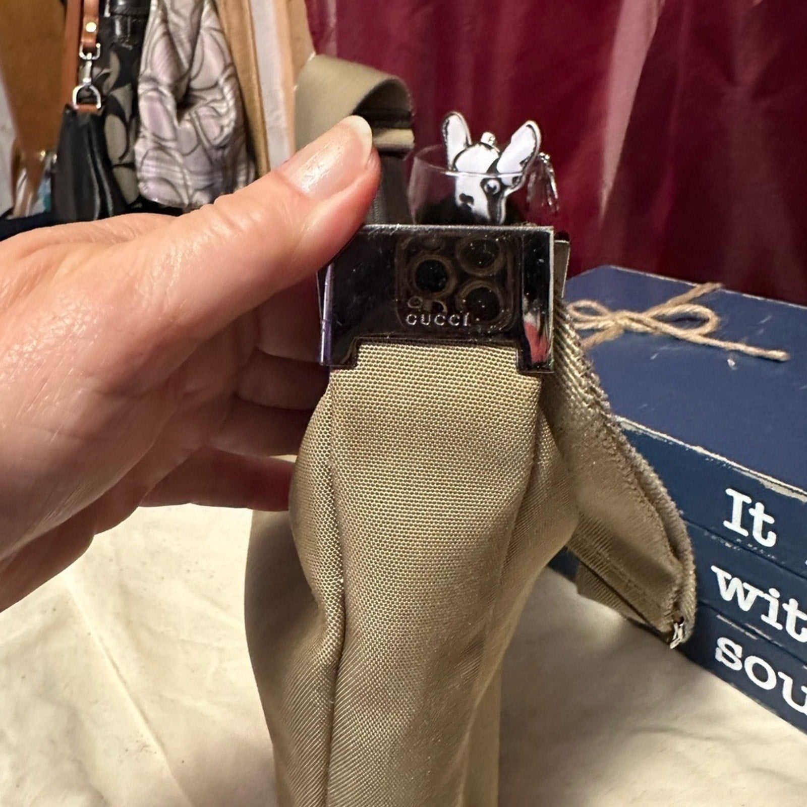 VINTAGE GUCCI shoulder bag khaki canvas plain 35098 3444 EUC