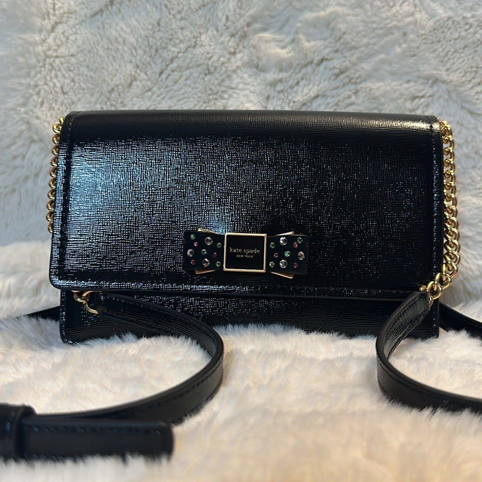 EUC; Kate Spade Morgan Bedazzled Bow Patent Leather Flap Crossbody