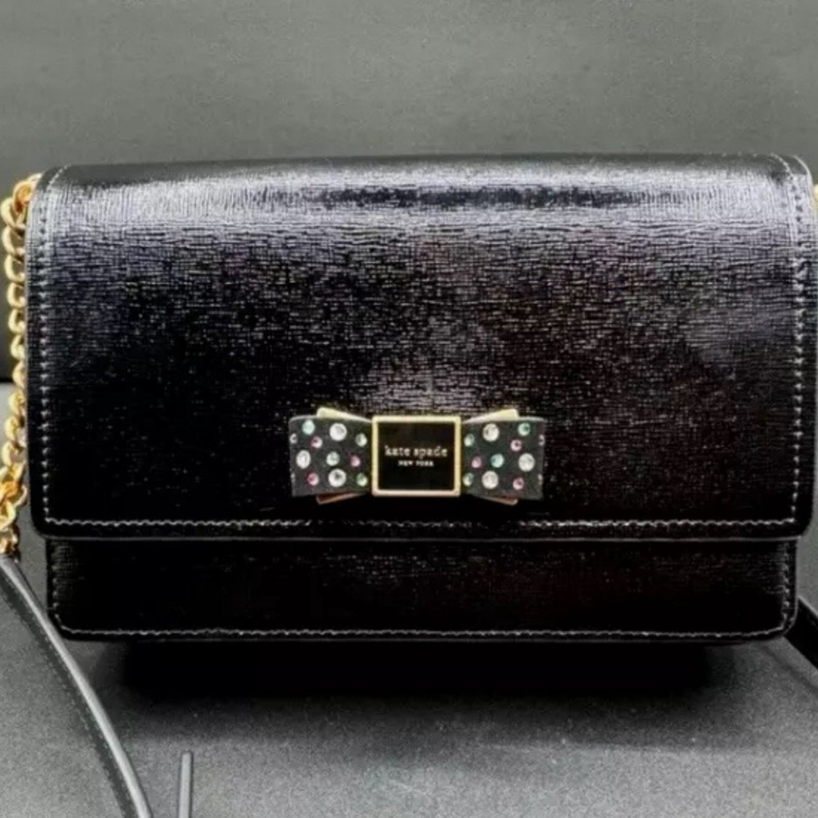 EUC; Kate Spade Morgan Bedazzled Bow Patent Leather Flap Crossbody