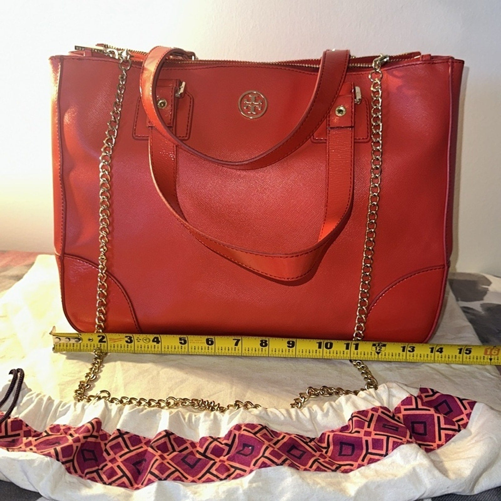 Tory Burch RED Robinson Double Zip Tote with cross body EUC