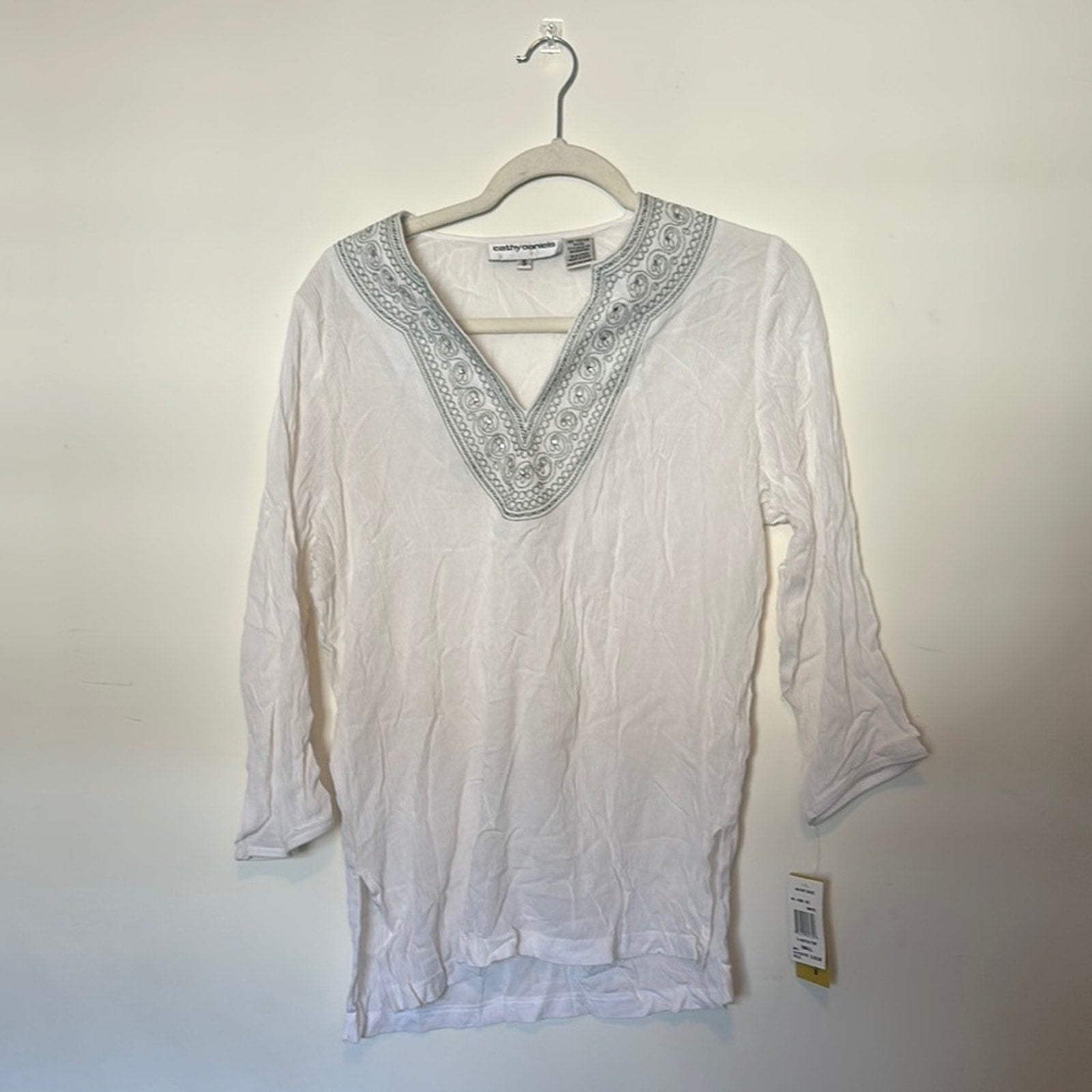 Cathy Daniels Top Womens Large 3/4 Sleeve Embroidered V-neck Pullover Tunic NWT