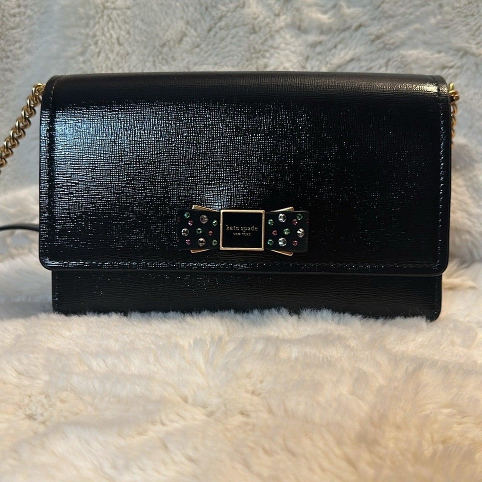 EUC; Kate Spade Morgan Bedazzled Bow Patent Leather Flap Crossbody