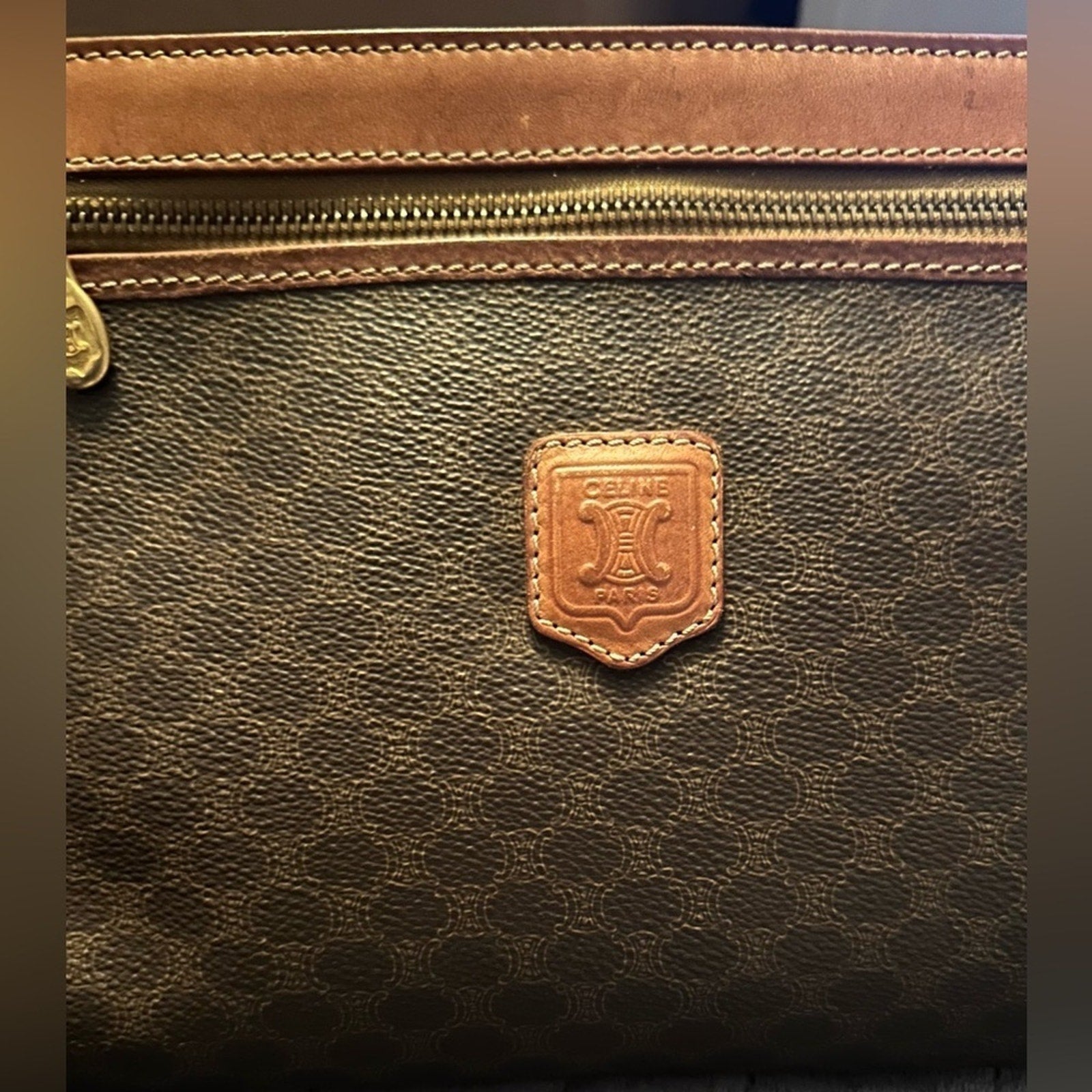 Celine Brown Clutch with Textured Fabric and Gold Zipper