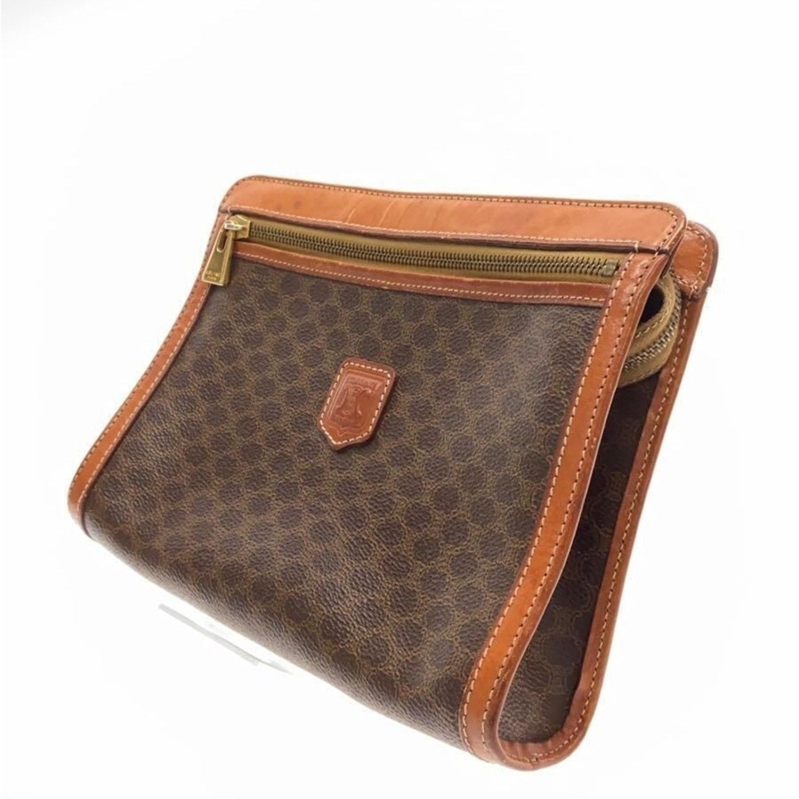 Celine Brown Clutch with Textured Fabric and Gold Zipper