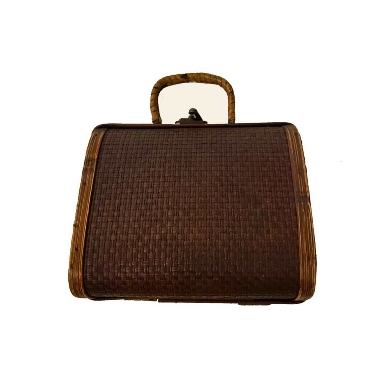 Vintage Brown Woven Purse Handbag Basket Wooden Box With Handle and Latch