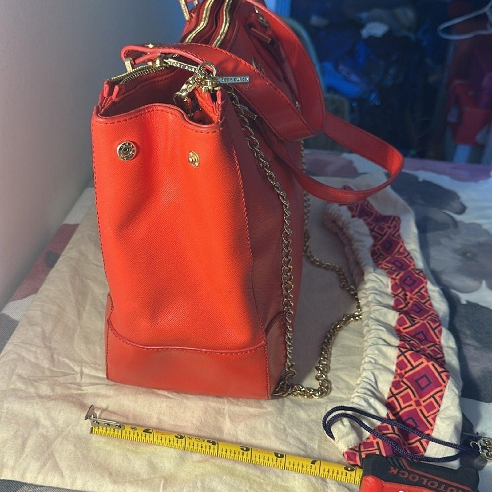 Tory Burch RED Robinson Double Zip Tote with cross body EUC