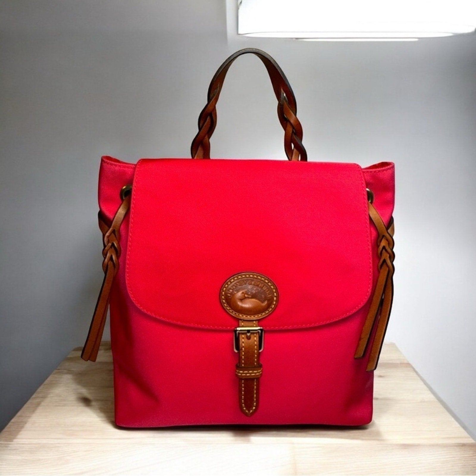 Dooney & Bourke Nylon Braided Leather Flap Backpack Red EUC MSRP $278