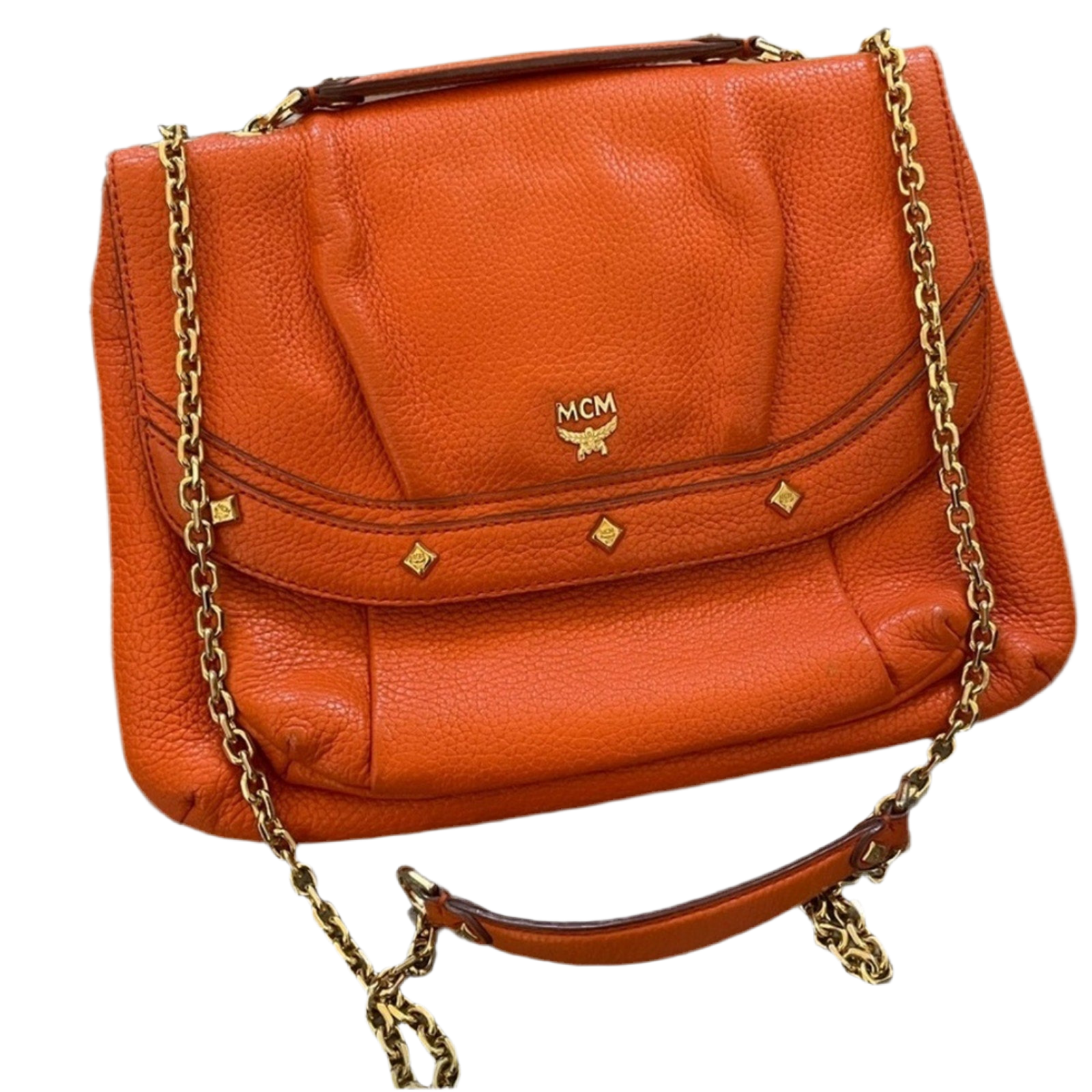 Authentic Vintage, MCM Orange, Leather, 2-Way, with Gold Chain Shoulder or Cross Body Convertible Strap Purse