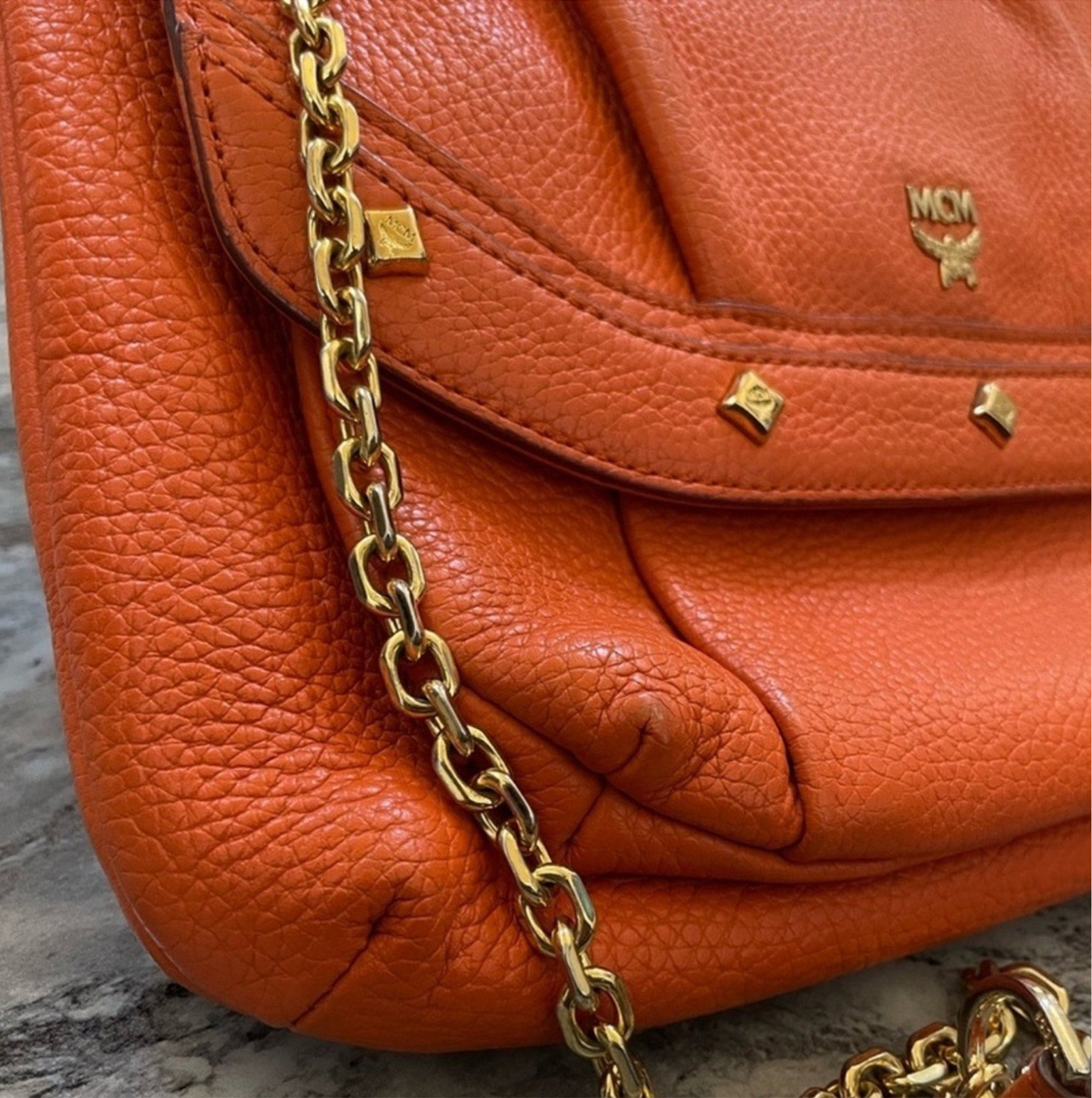 Authentic Vintage, MCM Orange, Leather, 2-Way, with Gold Chain Shoulder or Cross Body Convertible Strap Purse