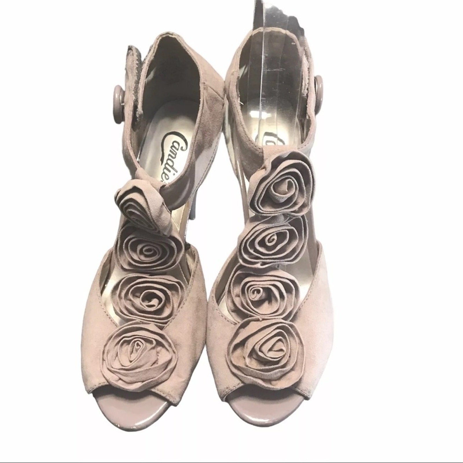 Candie’s Peep Toe Heels Pumps in Taken Blush Mauve Beige Rosette Faux Suede 9.5