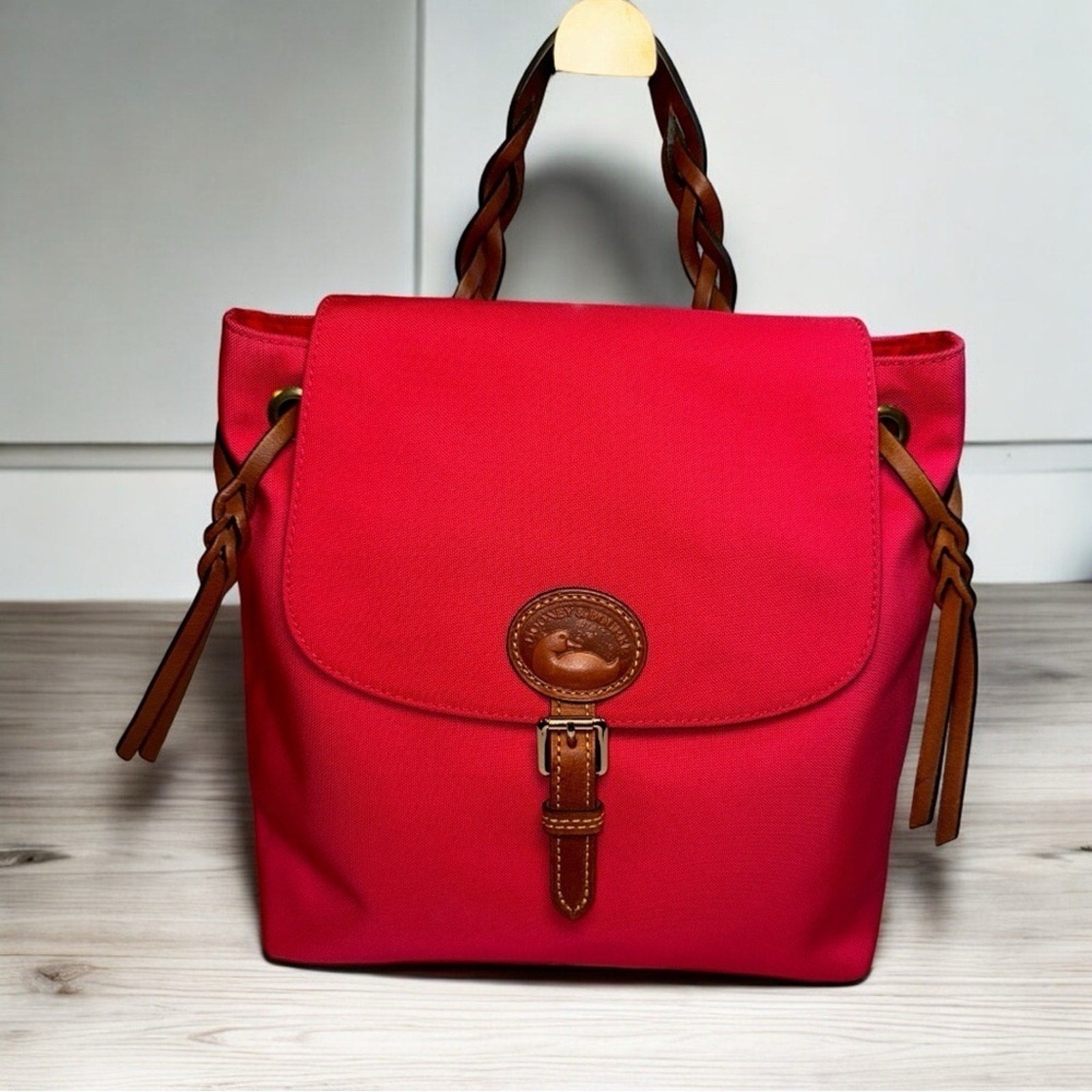 Dooney & Bourke Nylon Braided Leather Flap Backpack Red EUC MSRP $278