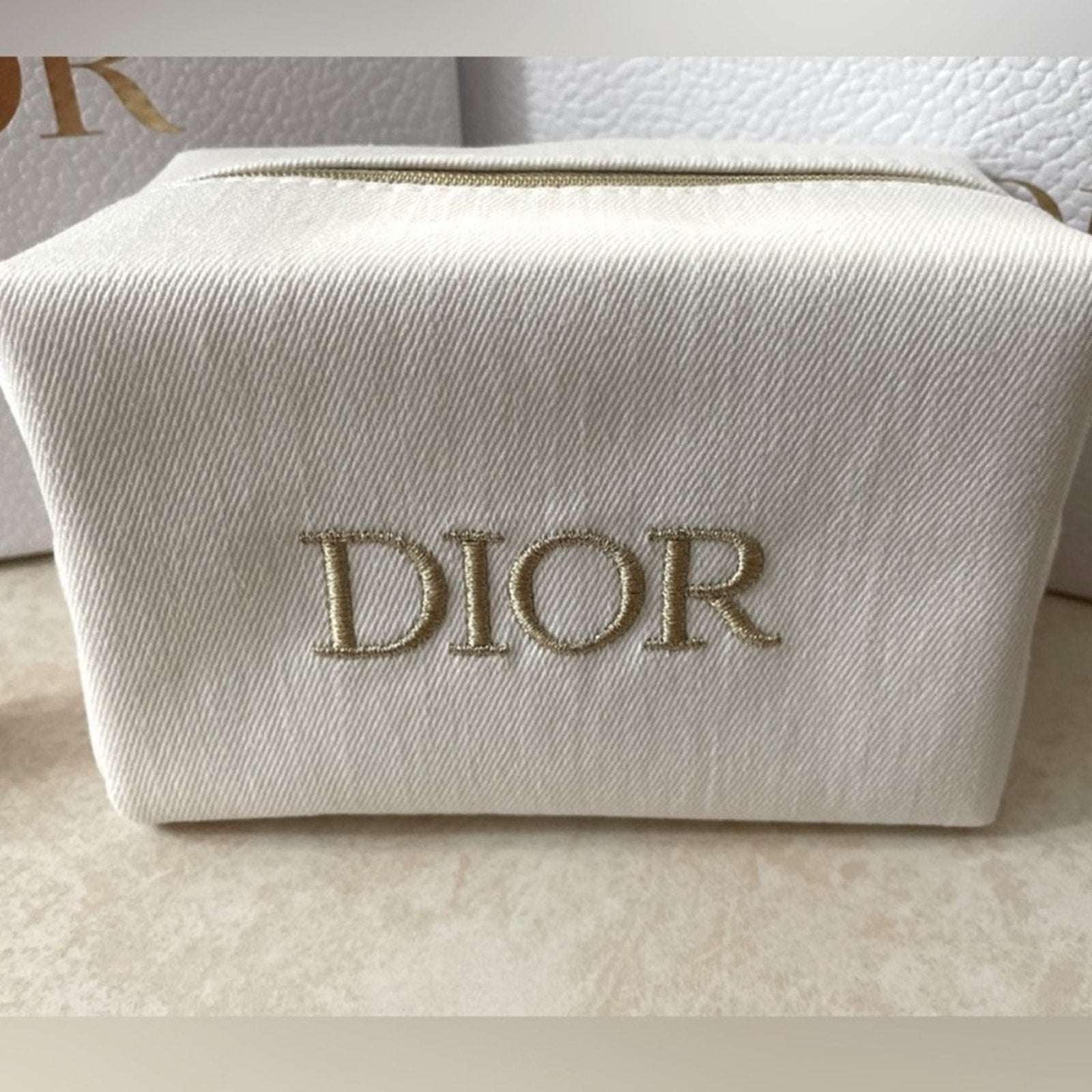 Dior White and Gold Cosmetic Pouch with Miss Dior Perfume
