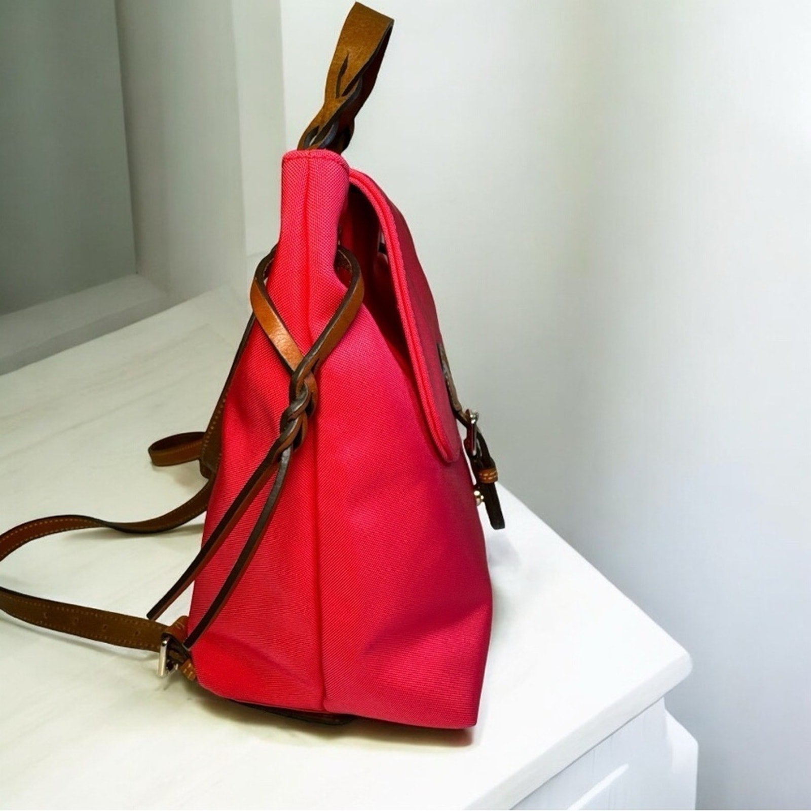 Dooney & Bourke Nylon Braided Leather Flap Backpack Red EUC MSRP $278