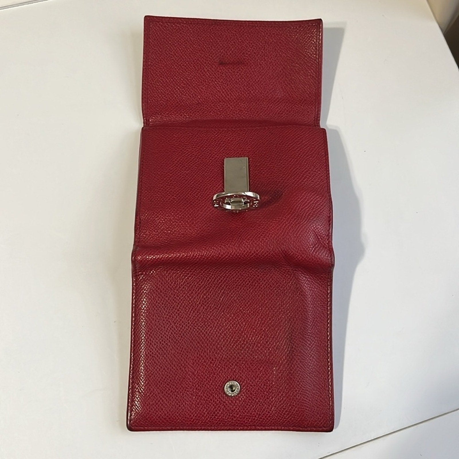 Bvlgari Red Textured Leather Compact Wallet with Silver hardware