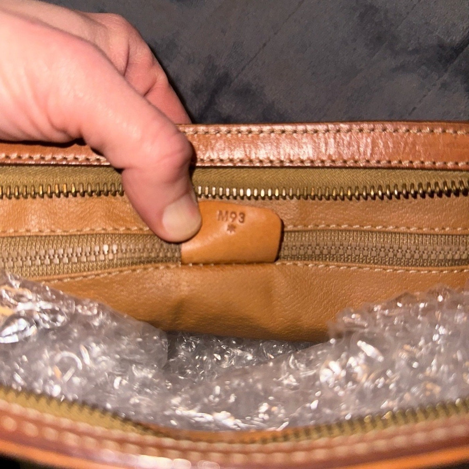 Celine Brown Clutch with Textured Fabric and Gold Zipper