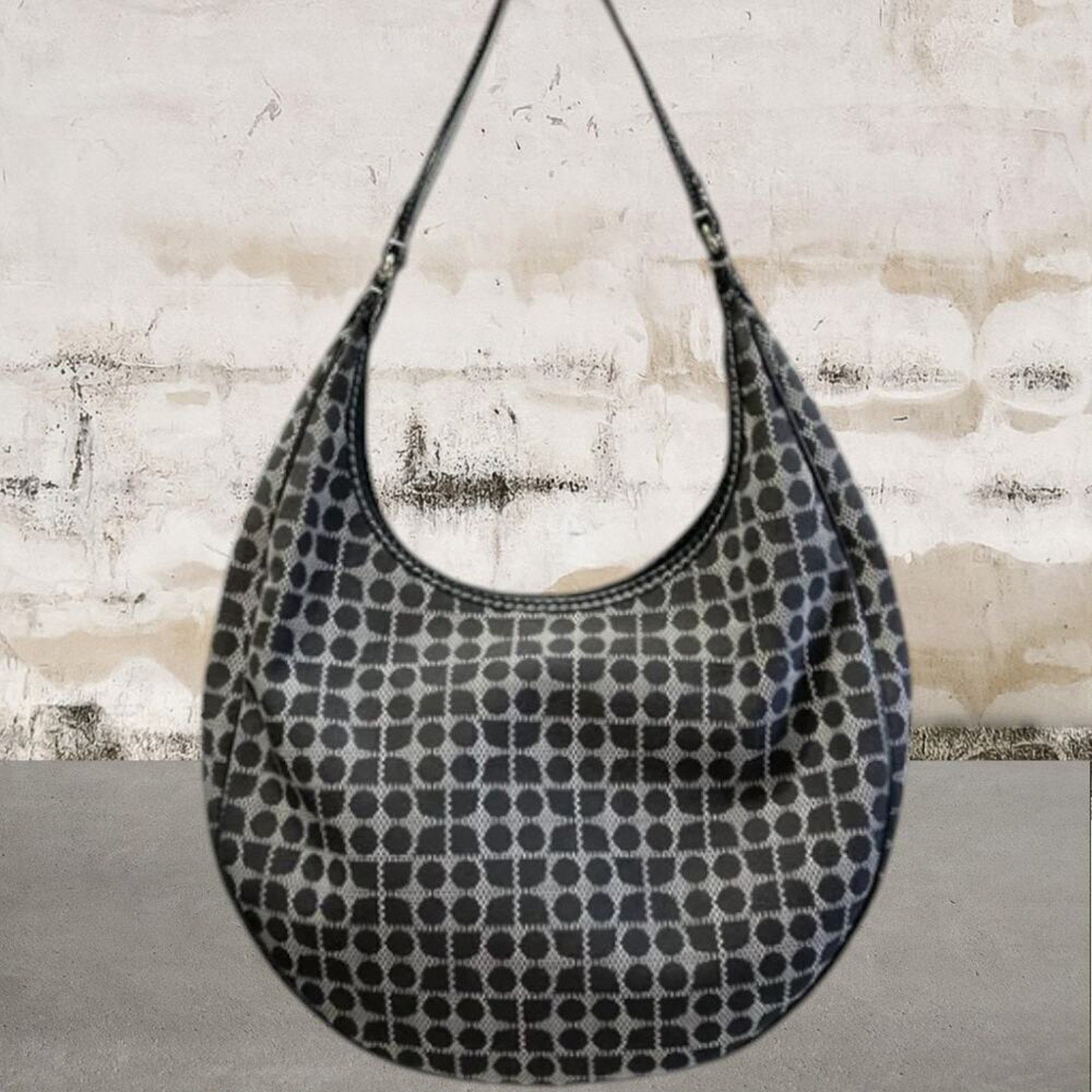 Kate Spade ♠️ Handbag Dot Noel Black Gray Canvas Leather Shoulder Hobo Bag