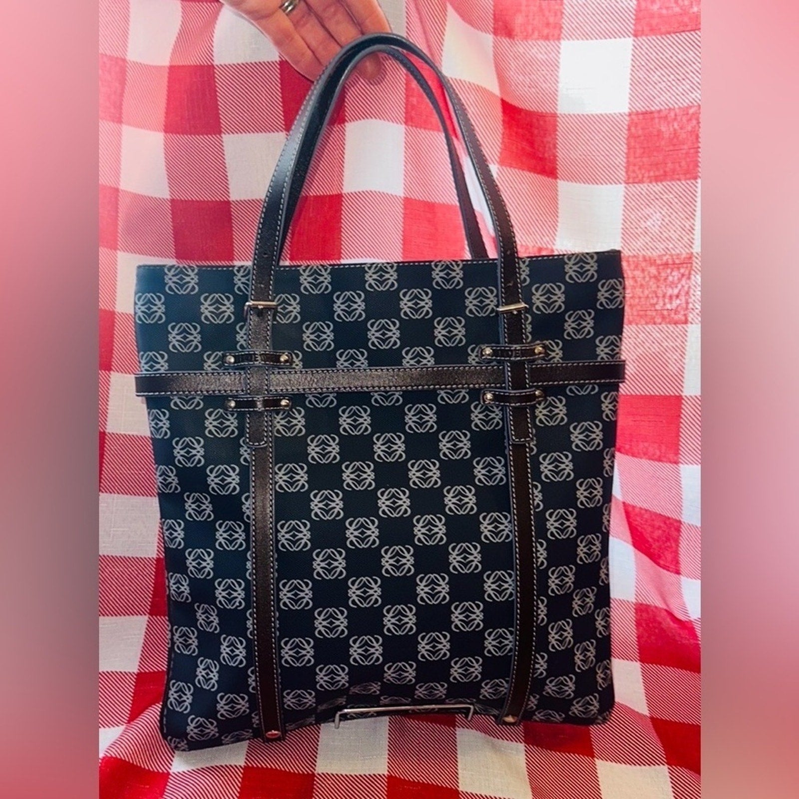 LOEWE Anagram tote bag handbag PVC leather navy light blue dark brown Rare