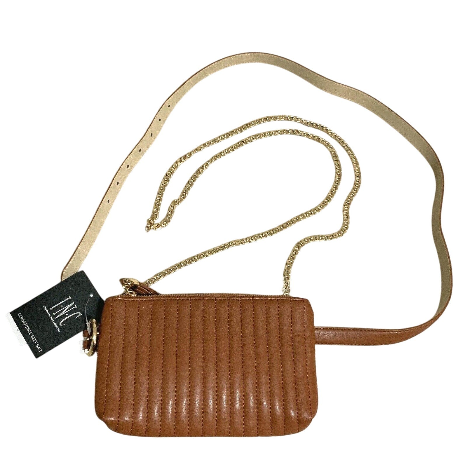 INC International Concepts Convertible Fanny Pack belt bag / Crossbody Purse - Cognac Brown Quilted (Various sizes)