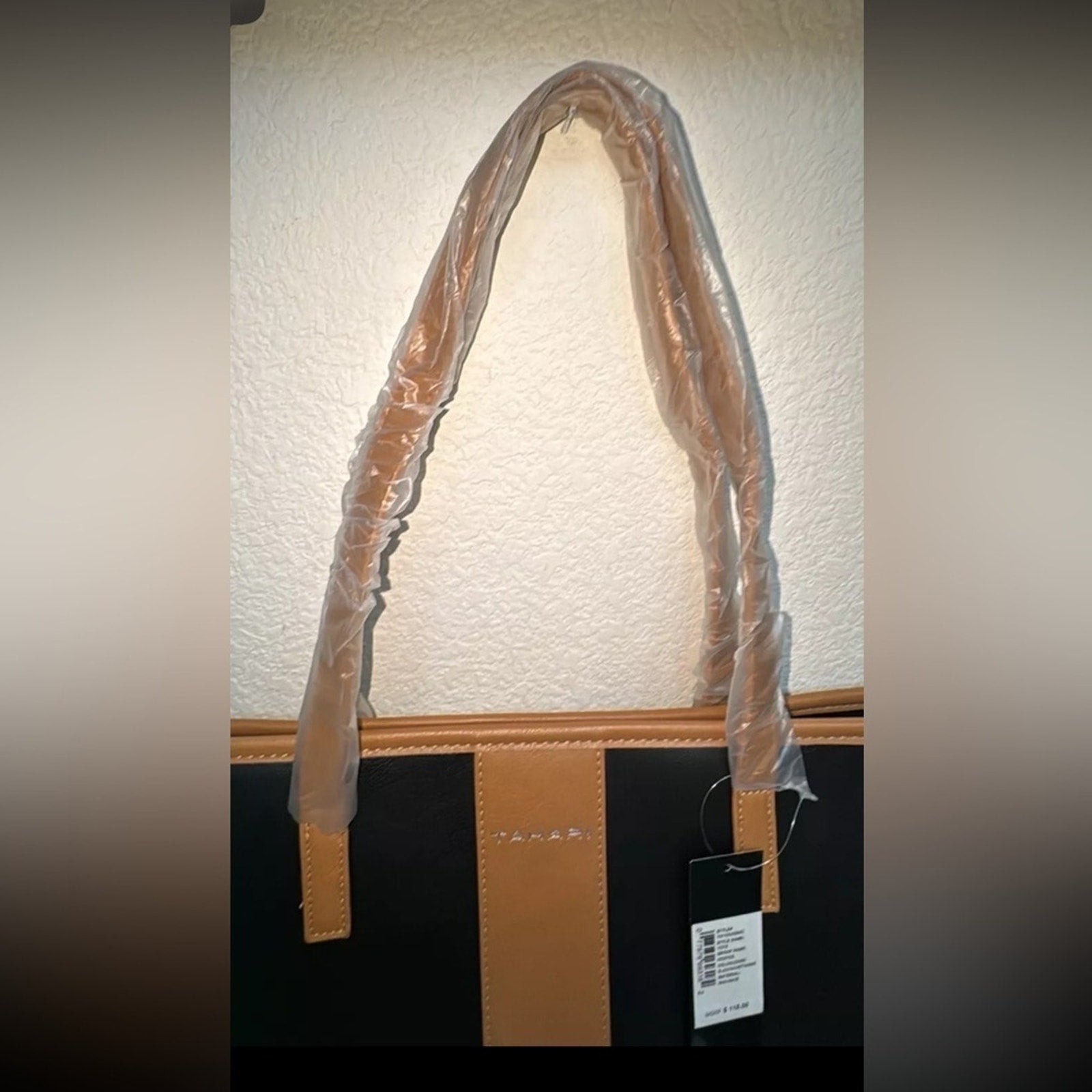 Tahari Kristen Black with Vachetta Trim Zip Closure Large Tote Bag Purse NWT
