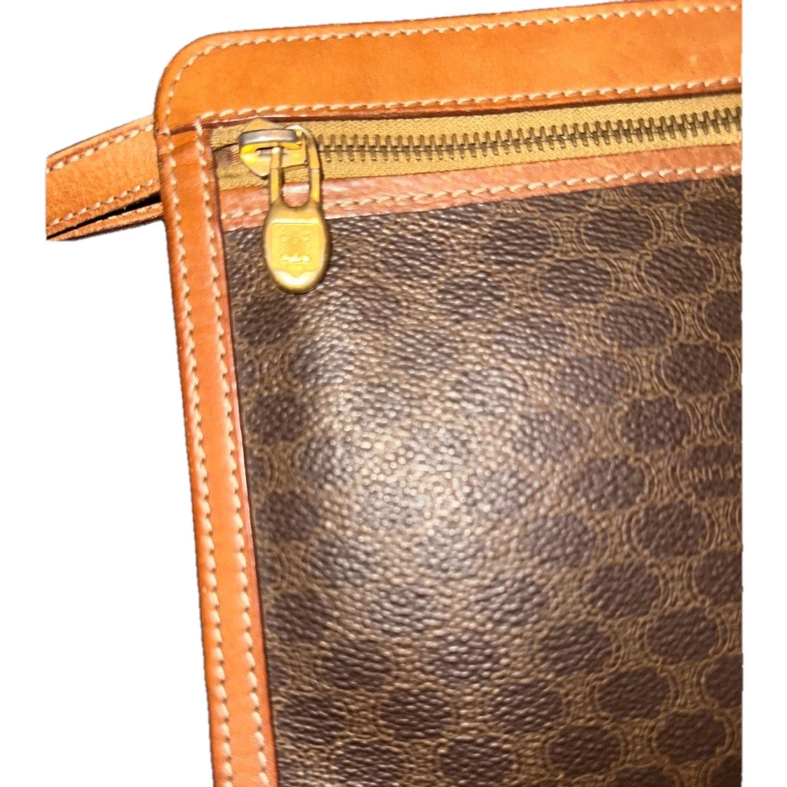 Celine Brown Clutch with Textured Fabric and Gold Zipper