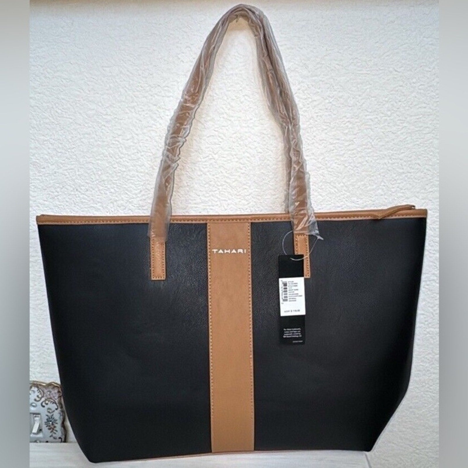 Tahari Kristen Black with Vachetta Trim Zip Closure Large Tote Bag Purse NWT