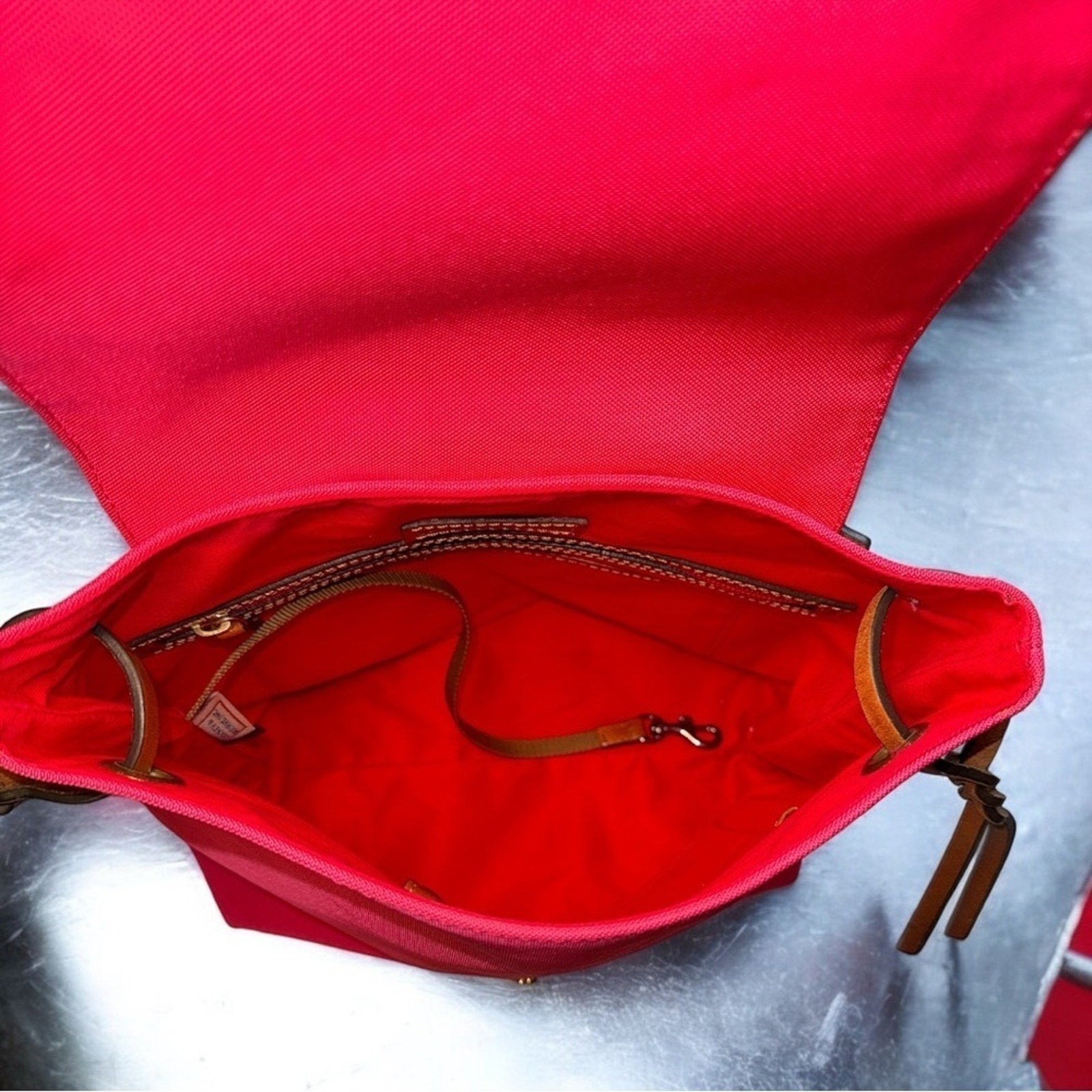 Dooney & Bourke Nylon Braided Leather Flap Backpack Red EUC MSRP $278