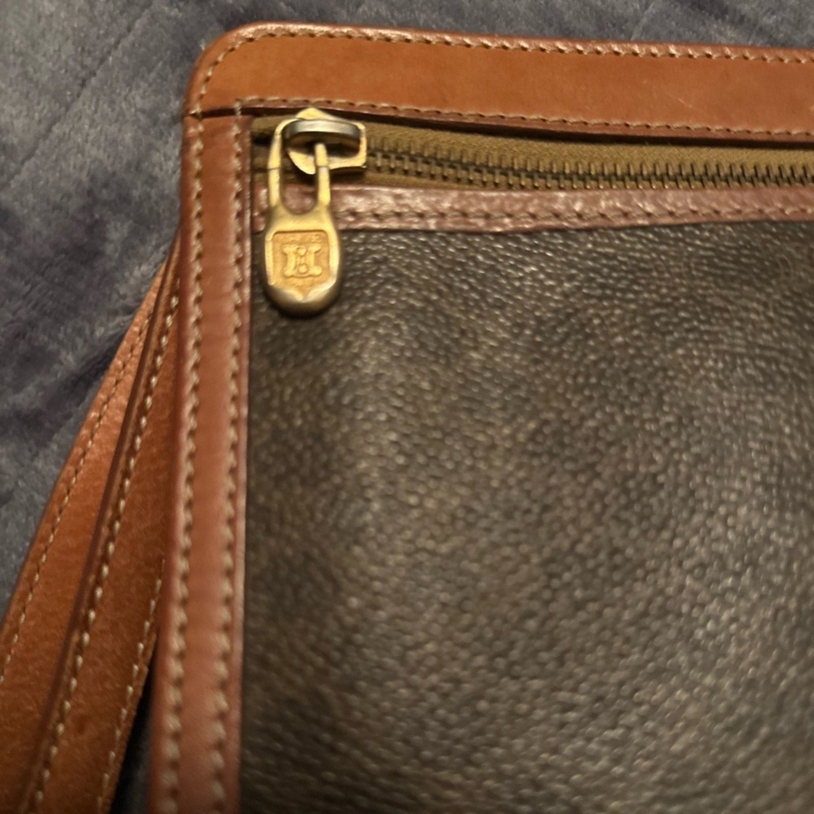 Celine Brown Clutch with Textured Fabric and Gold Zipper