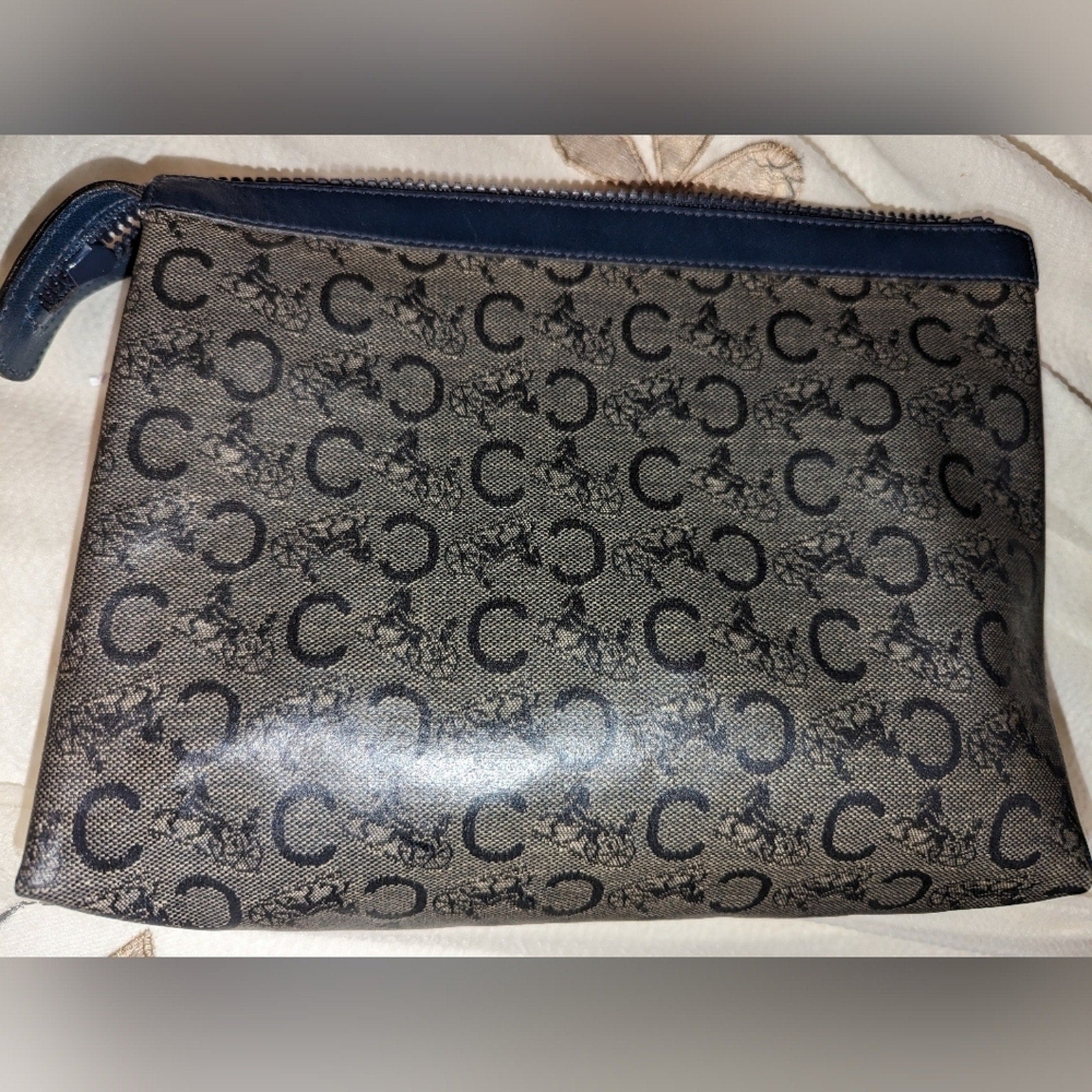 Vintage Celine Diffusion TRIOMPHE Leather Clutch Pouch Blue Vintage EUC with COA