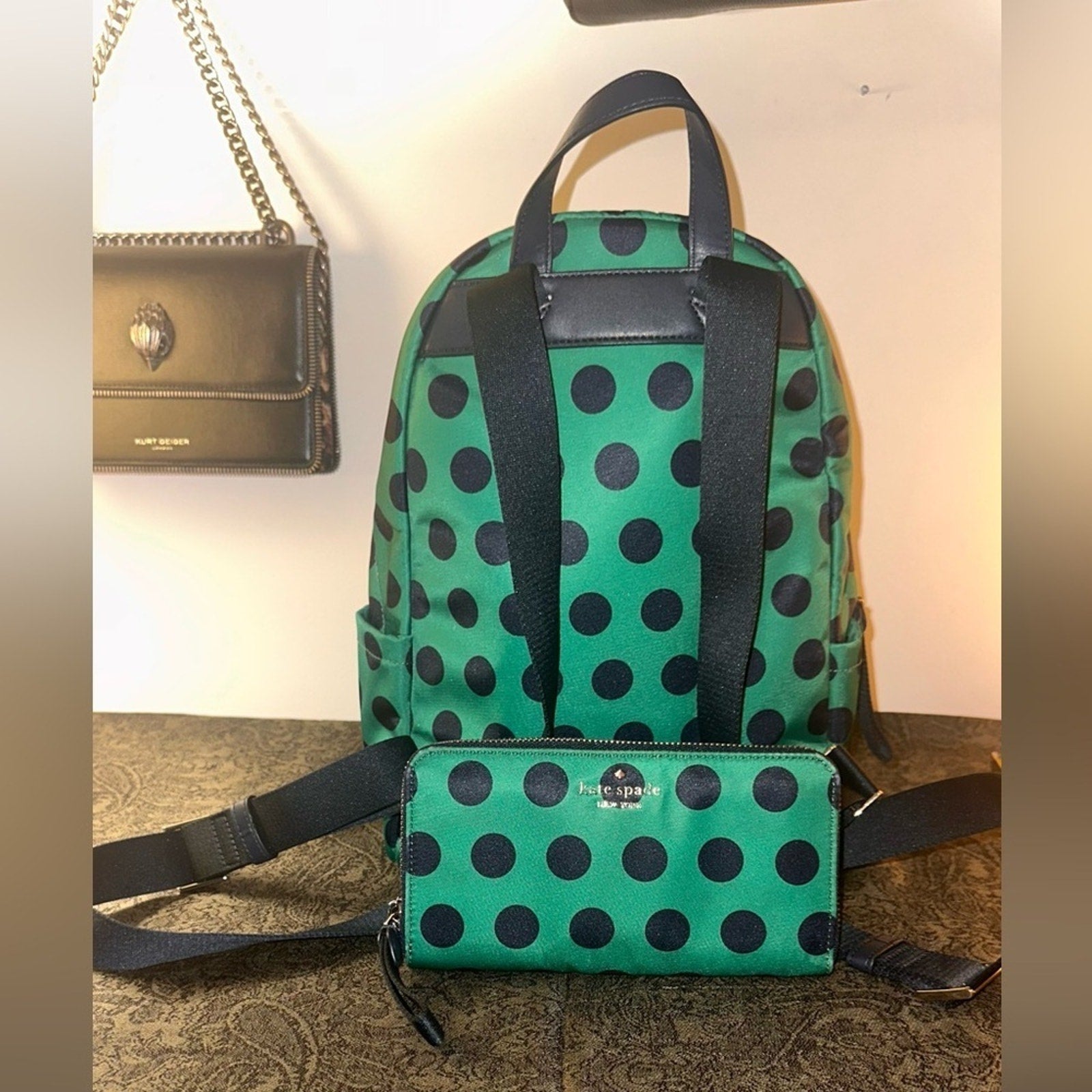 Kate Spade ♠️ Chelsea Green & Navy Blue Polka Dot Backpack & Matching Wallet