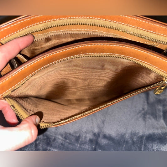 Celine Brown Clutch with Textured Fabric and Gold Zipper