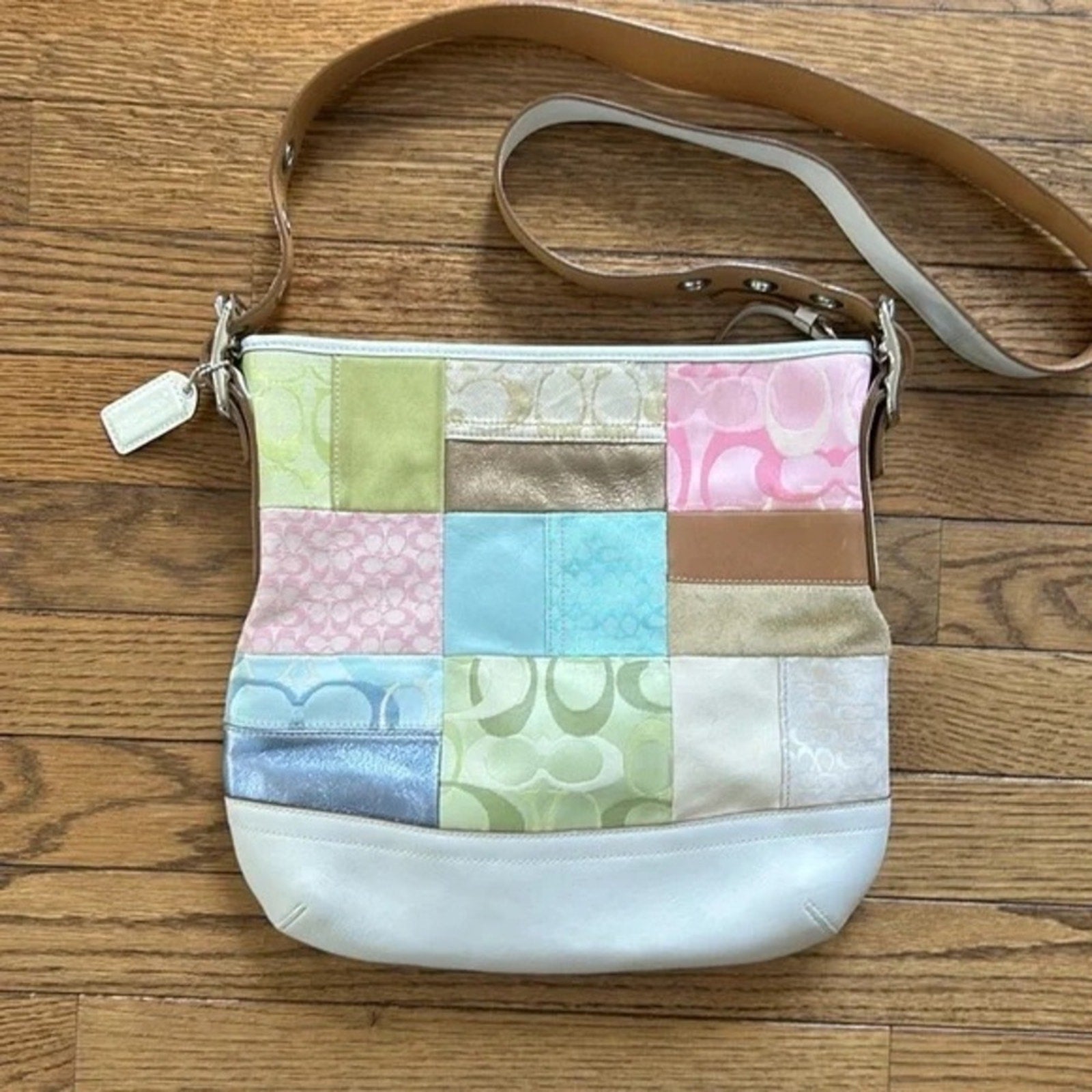 Coach Pink and Green Crossbody Bag with Patchwork Design