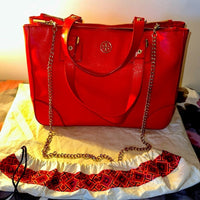 Tory Burch RED Robinson Double Zip Tote with cross body EUC