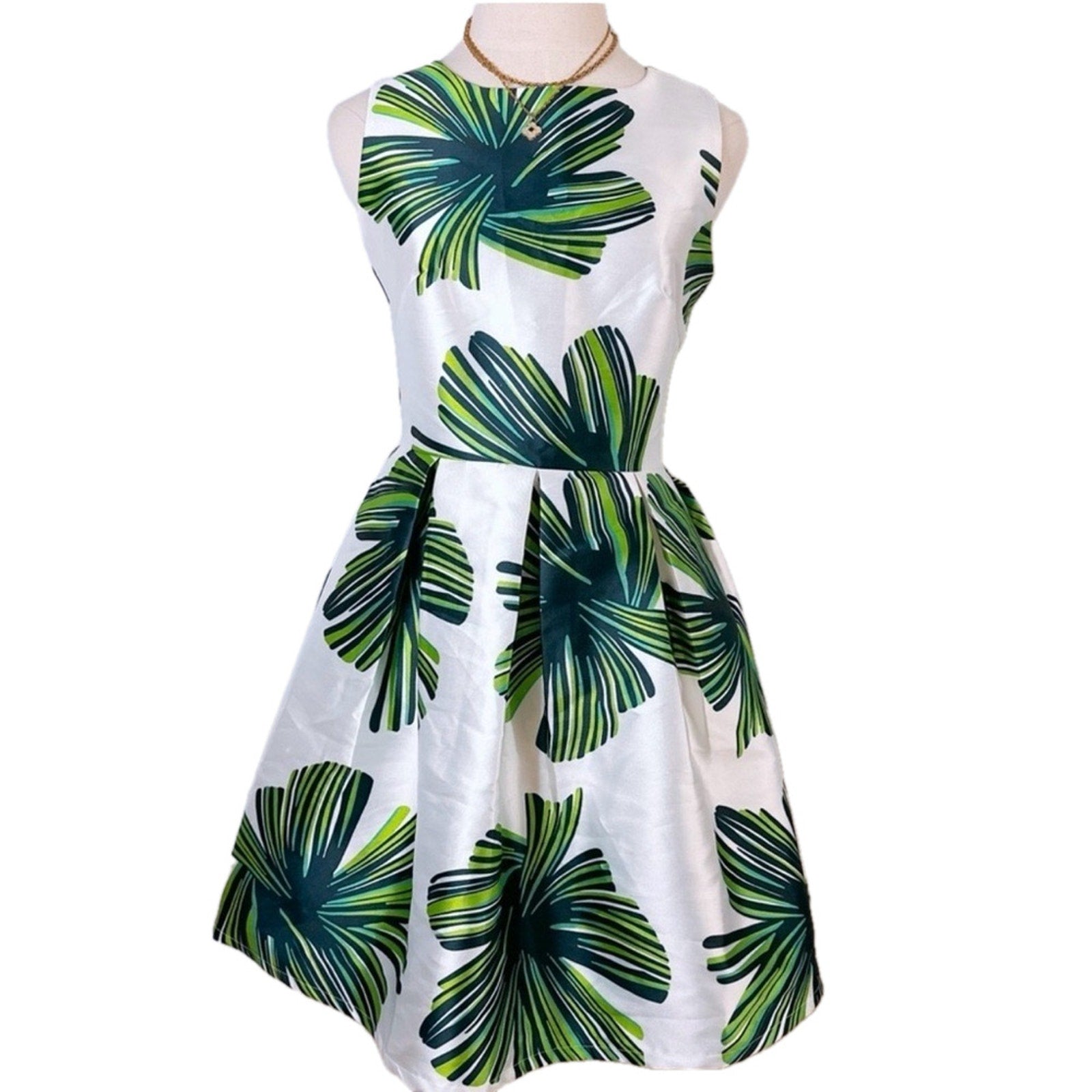Molly Bracken Tropical White Green Fit & Flare Mini Dress XS