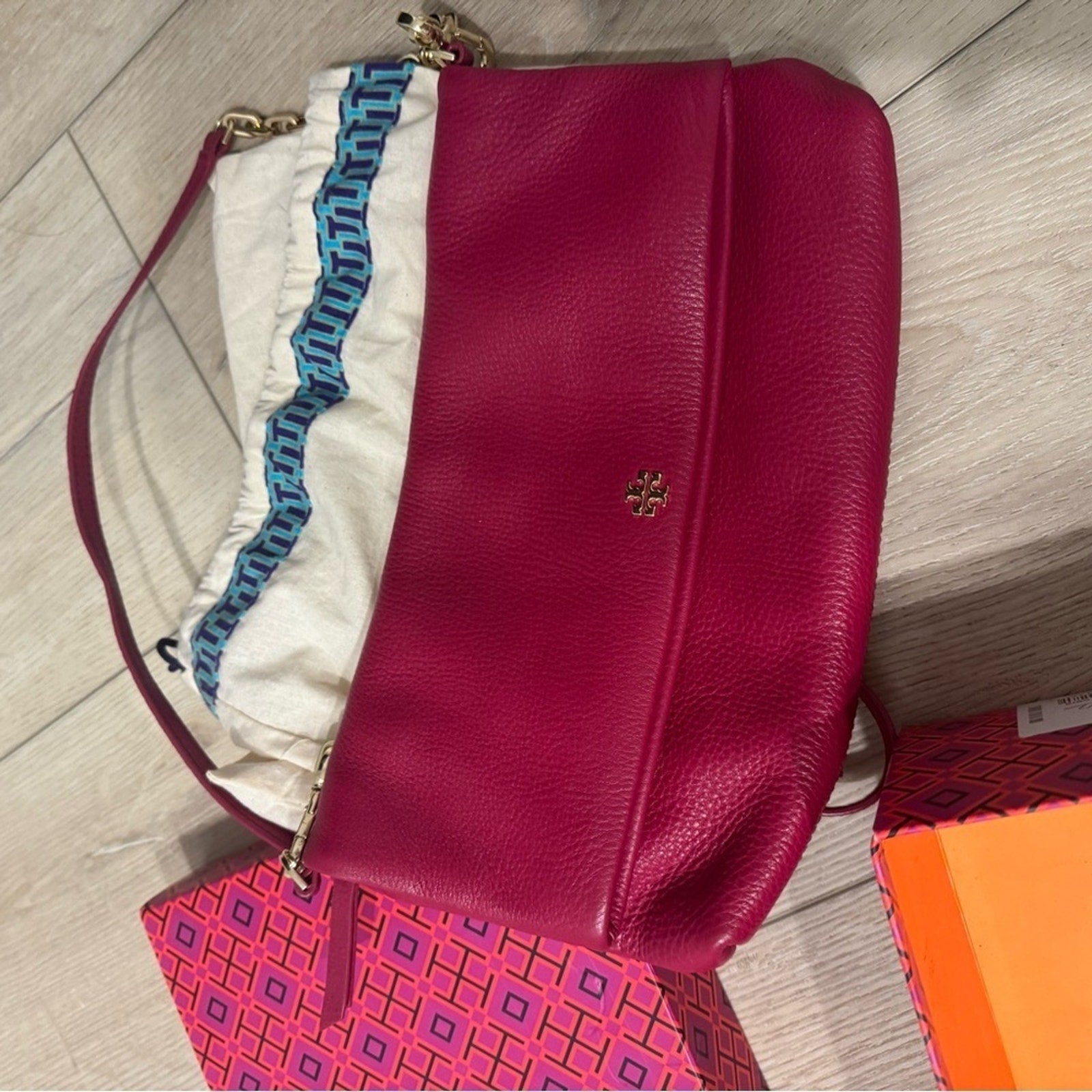 Tory Burch Foldover Crossbody Dark Pink/Red Leather  Bag EUC
