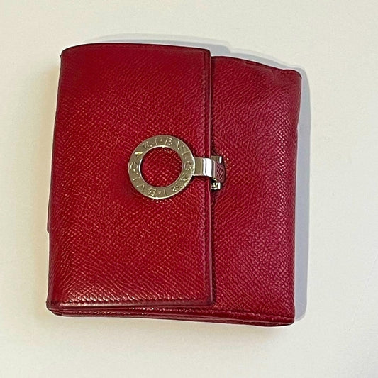 Bvlgari Red Textured Leather Compact Wallet with Silver hardware