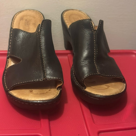 Born Womens Melyssa B04303 Leather Slip On Black Slide Heels Size 8 / 39