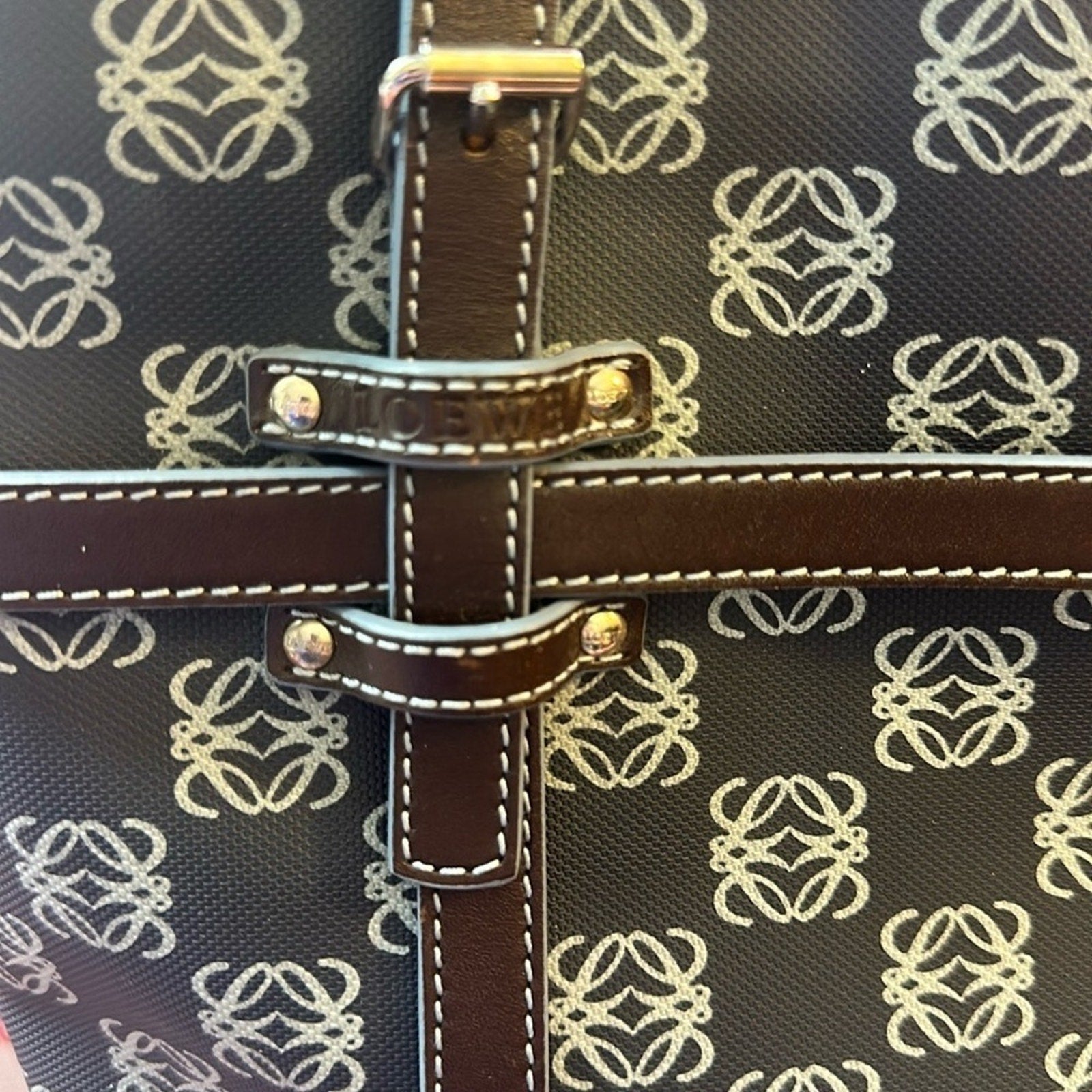 LOEWE Anagram tote bag handbag PVC leather navy light blue dark brown Rare