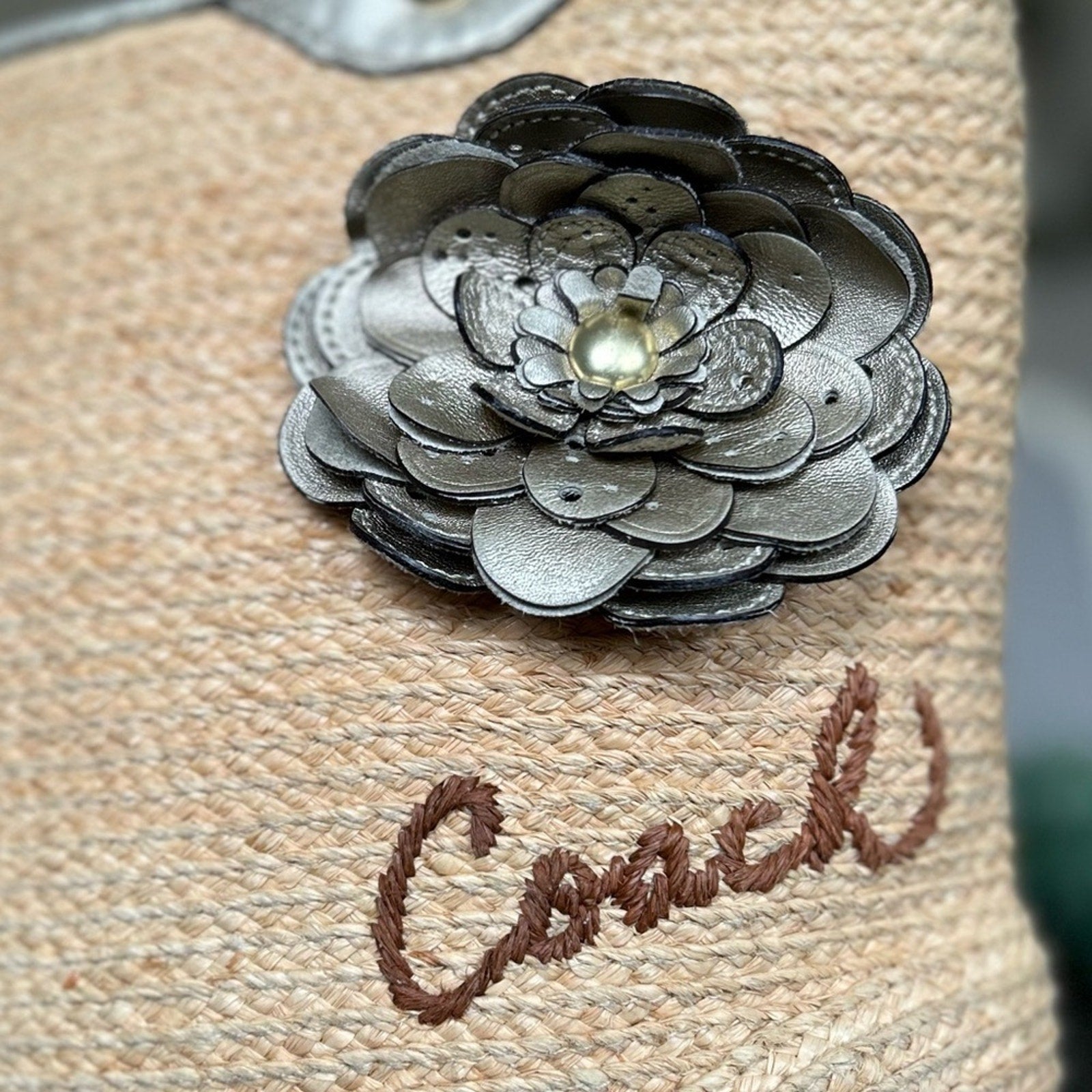 Coach Bleeker Natural Straw Metallic Bronze Floral Embroidered Logo Tote!