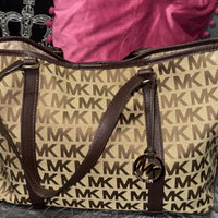 Michael Kors MK Monogram Signature Logo Brown Tan Large Tote Shoulder Bag