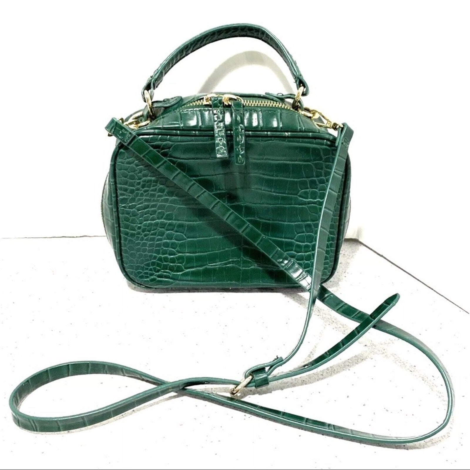 Zara green faux snakeskin moc croc crossbody bag top handle purse 2 way satchel